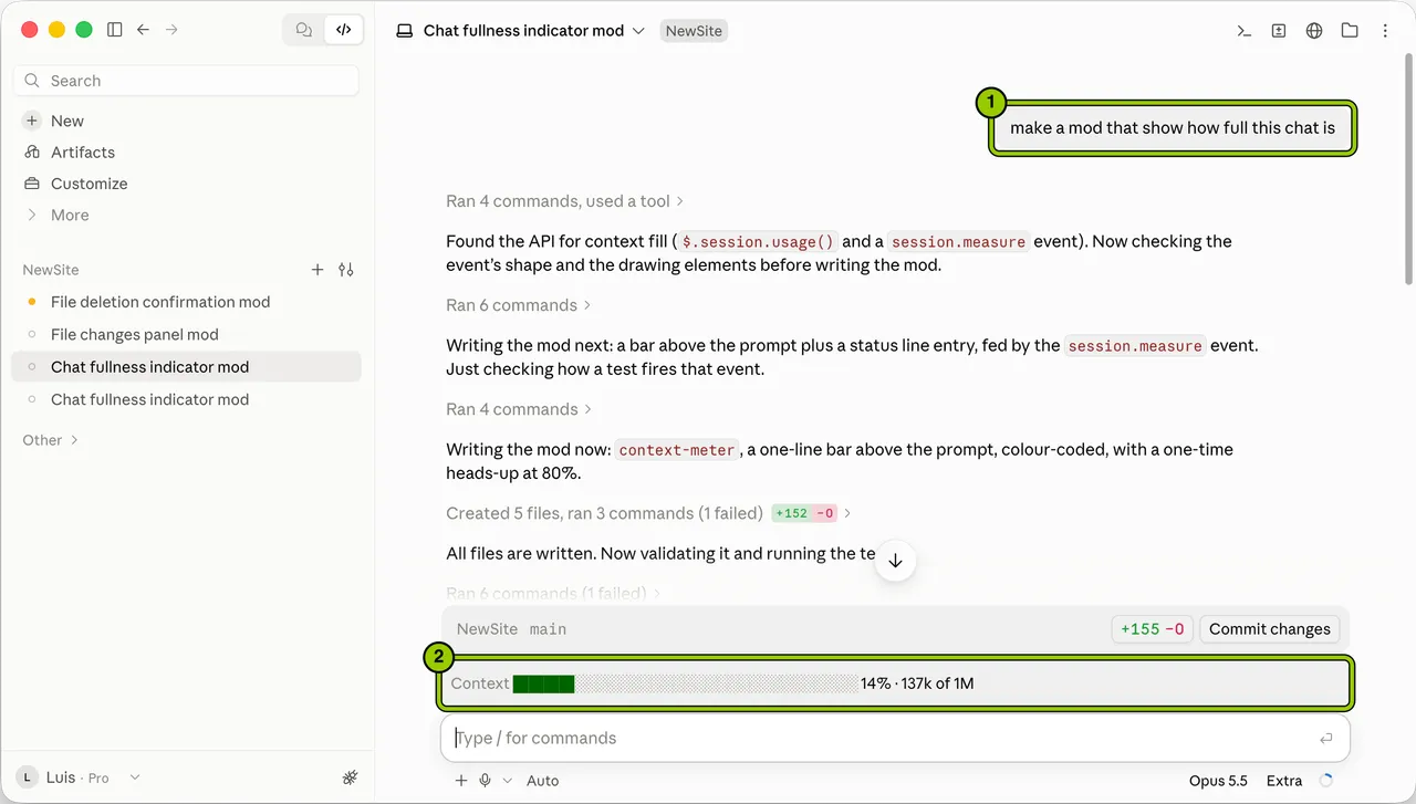 The one-line request that started the mod, and the context meter it built above the prompt box, reading Context 14% · 137k of 1M