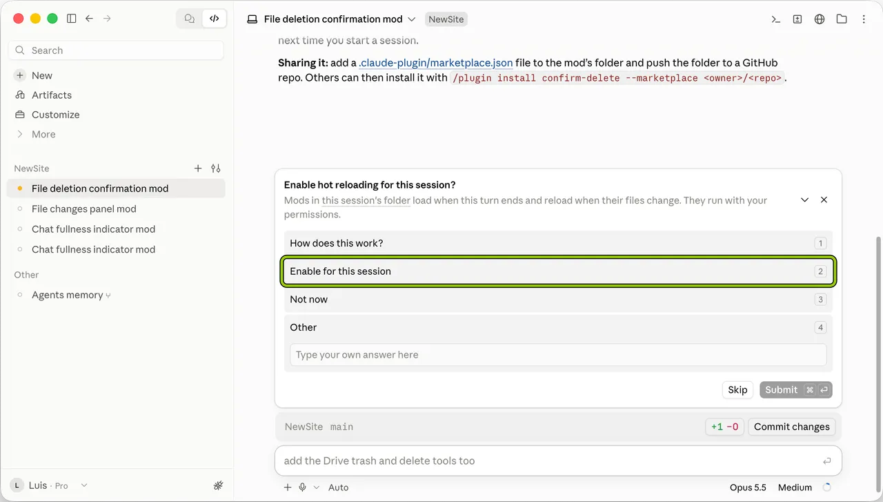 The "Enable hot reloading for this session?" question, with Enable for this session highlighted