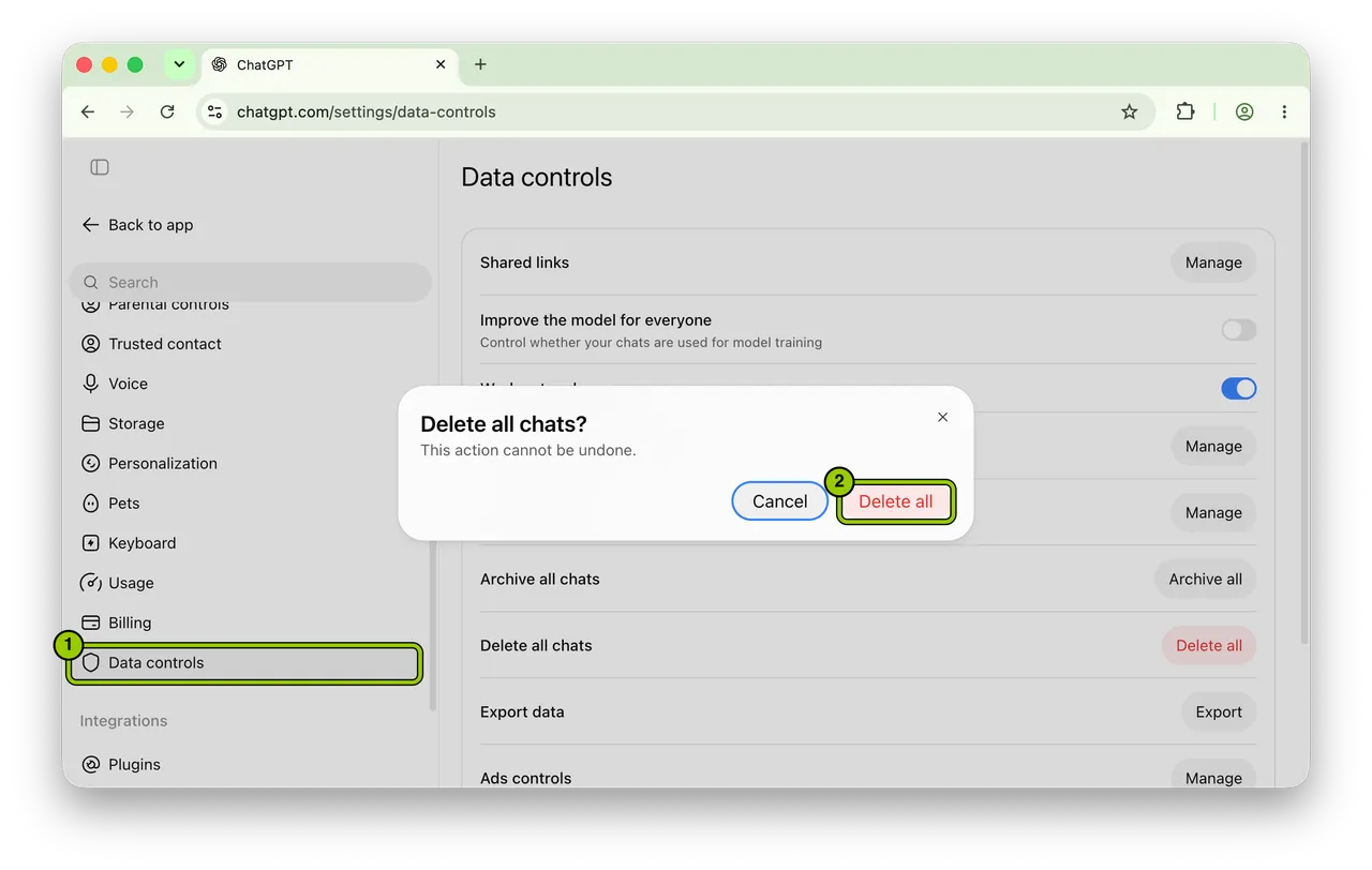 The Data controls page with the Delete all chats confirmation open