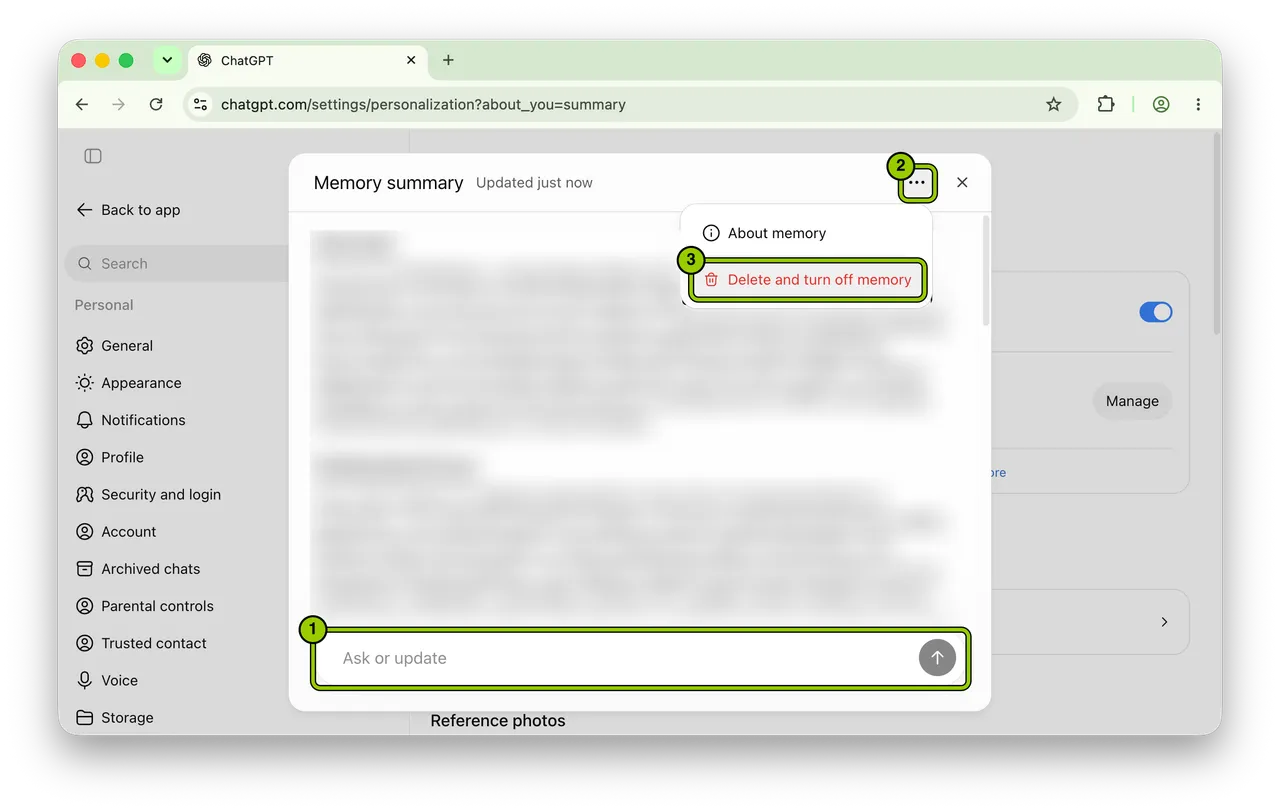 The memory summary, blurred, with the Ask or update box, the three-dot menu and Delete and turn off memory highlighted