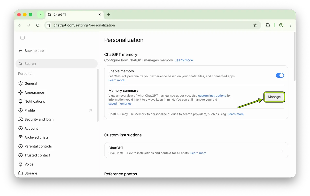 The Personalization page with the Manage button next to Memory summary highlighted
