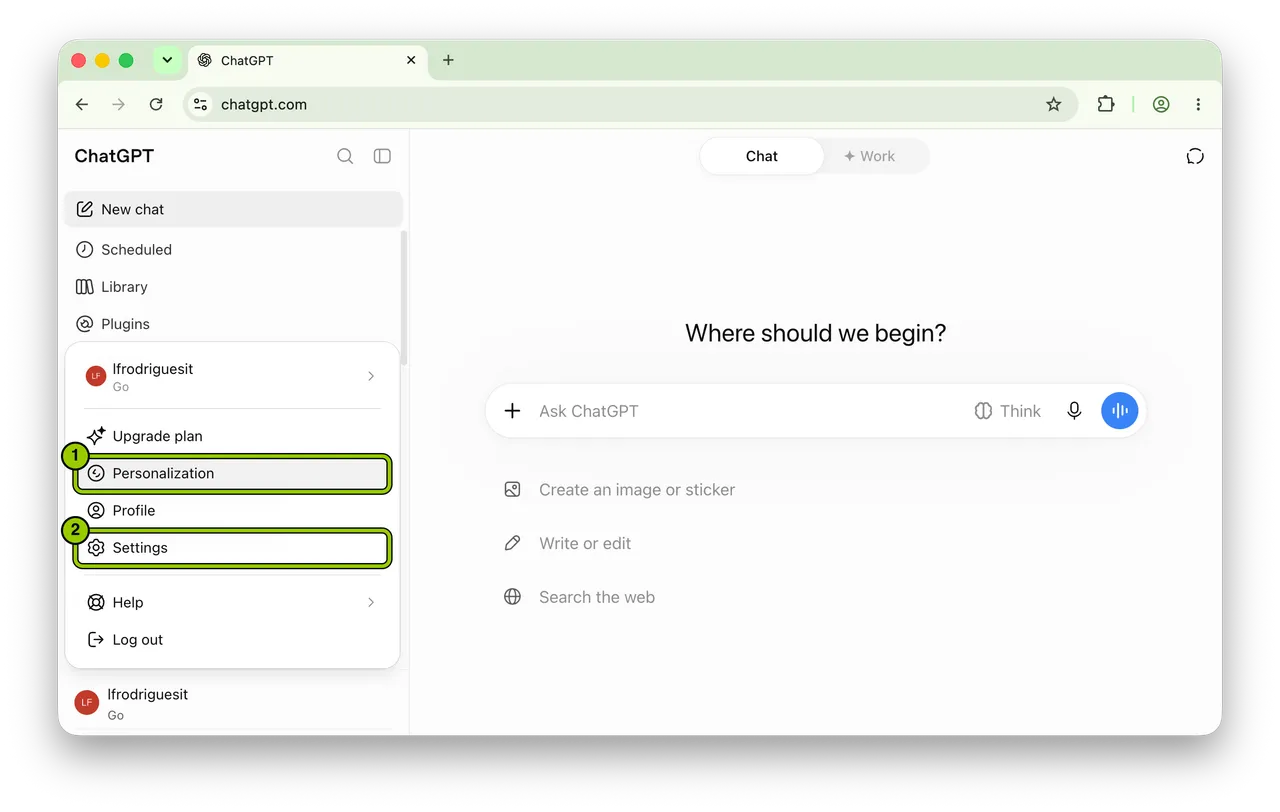 The ChatGPT account menu with Personalization and Settings highlighted