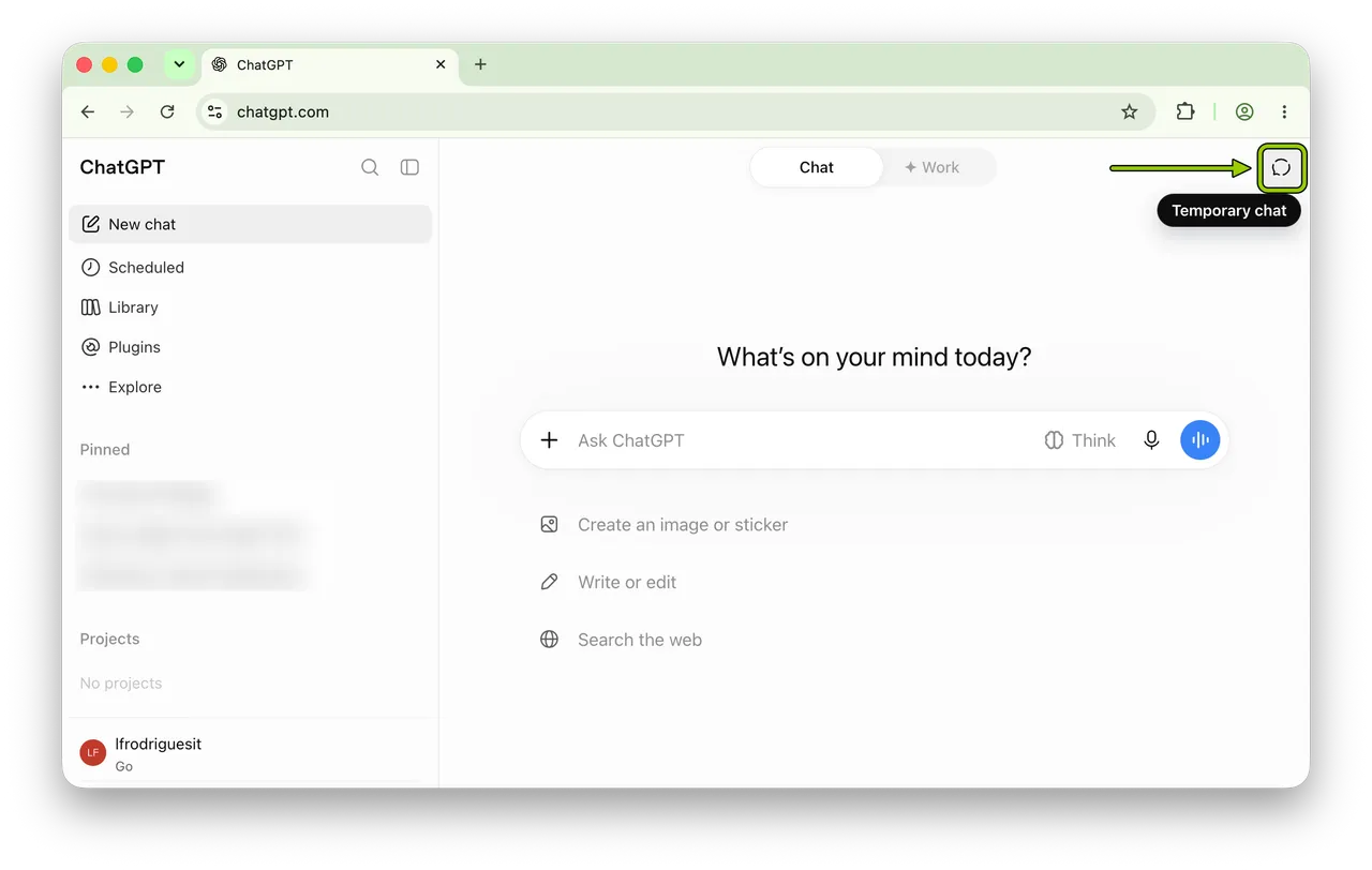 A new ChatGPT chat with the Temporary chat button at the top right highlighted