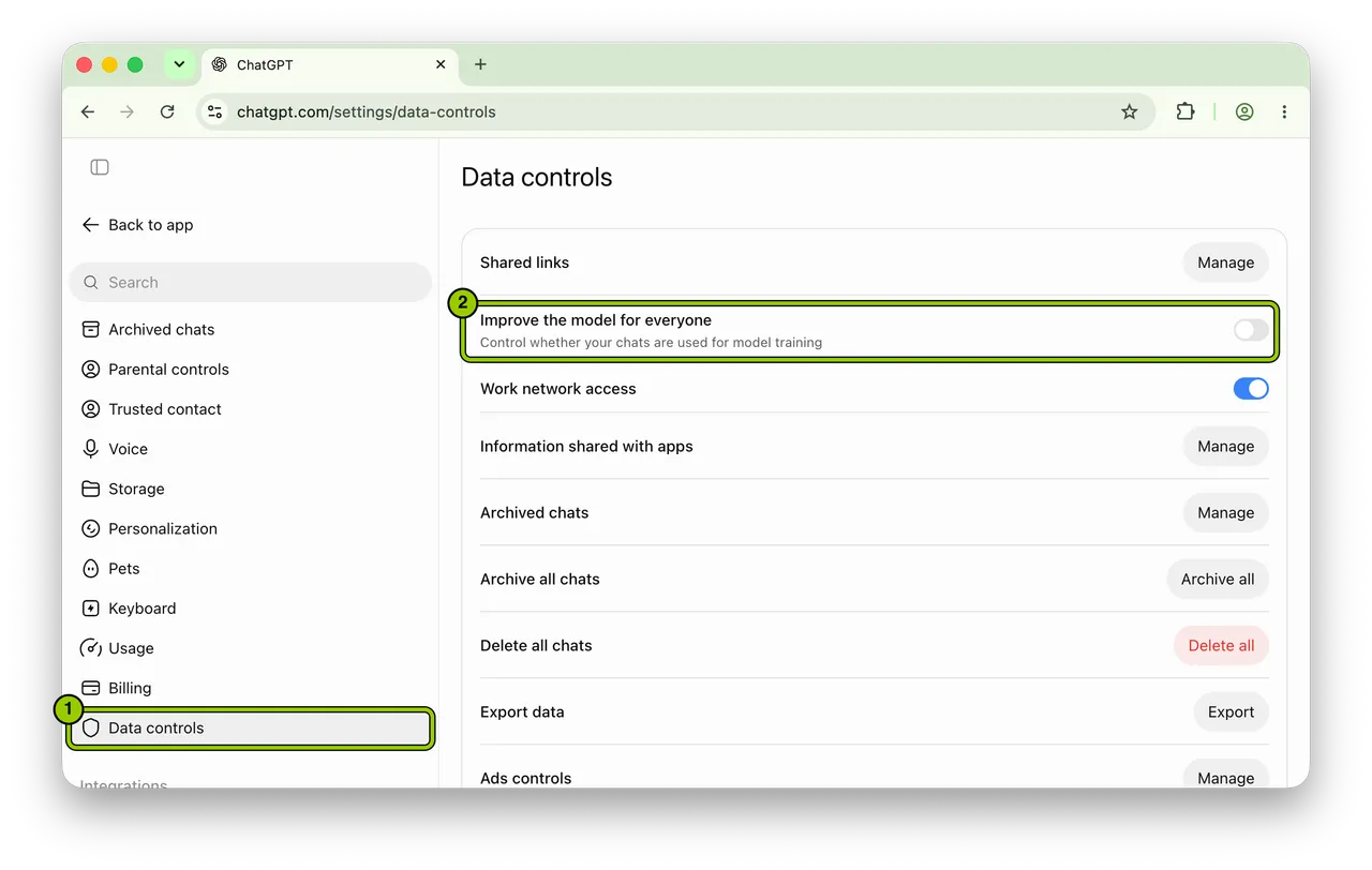 The Data controls page with Data controls in the sidebar and Improve the model for everyone highlighted, switched off