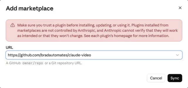 The Add marketplace dialog in the Claude desktop app, with the claude-video address filled in