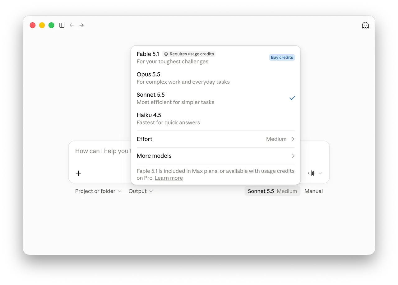 Claude's model menu showing Fable 5.1, Opus 5.5, Sonnet 5.5 and Haiku 4.5, with the Effort setting at Medium underneath