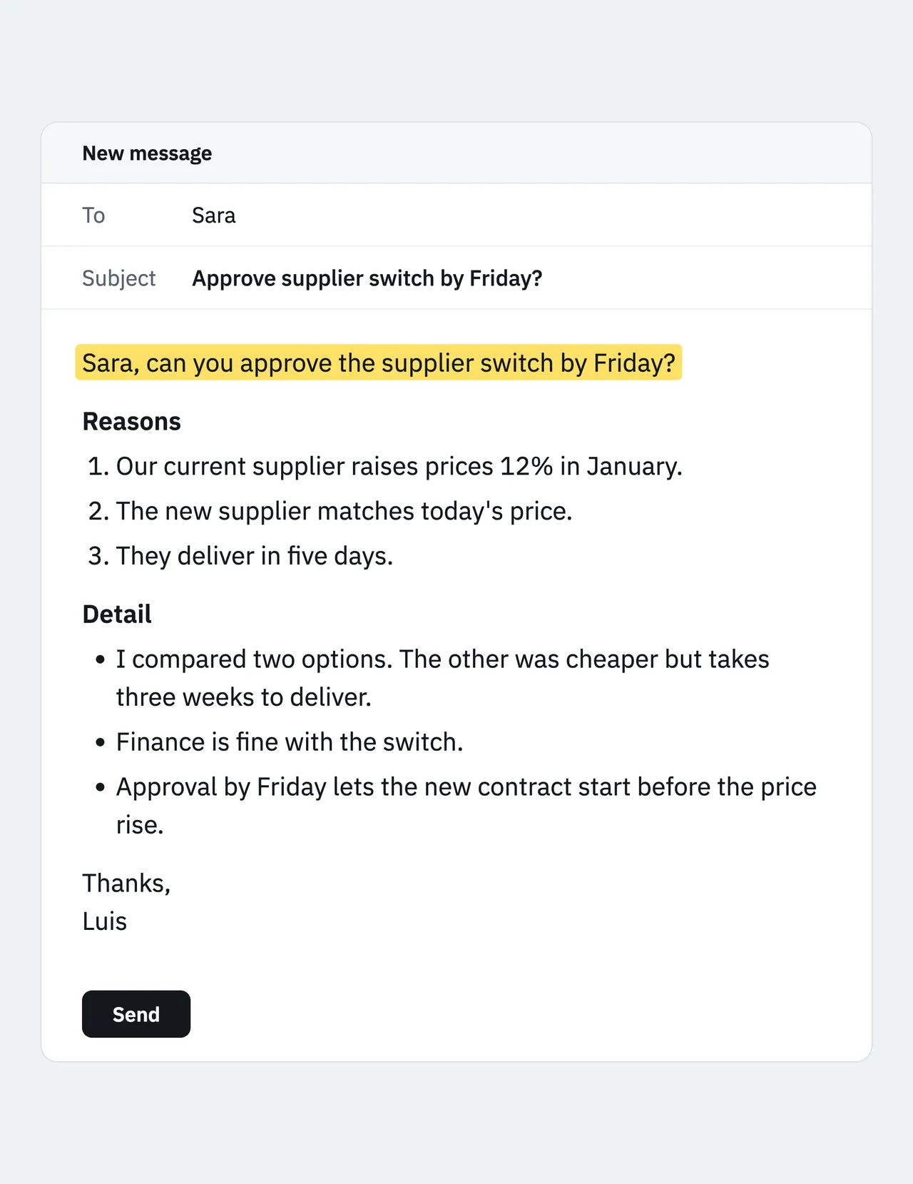 The same email rewritten with the request in the first line, then three reasons, then the detail