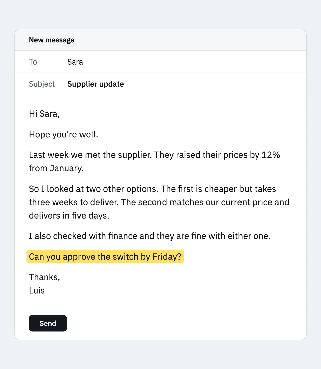 An email that tells the whole story and puts the request in its last line